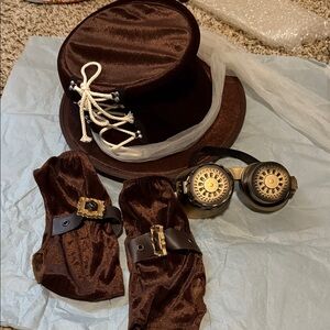 Steampunk Costume Brown Hat, Gloves, and Goggles Set for Halloween